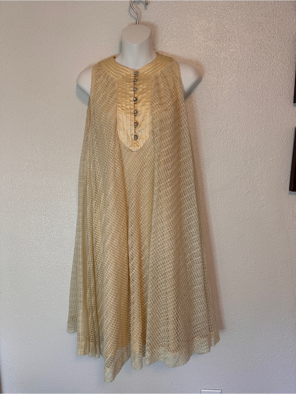 Vintage 60s union made pale yellow cream swing halter dress with Button Placket